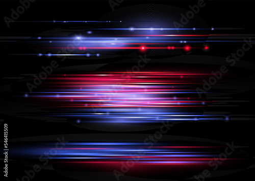 Beautiful glow light flare and spark. Red blue special effect, speed police line. Magic of moving fast lines. Laser beams, horizontal light rays. Particle motion effect. Vector illustration.