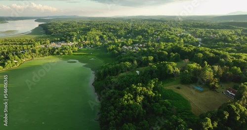 June 29, 2022 Afternoon summer aerial drone video of the area around Saugerties New York, USA. photo