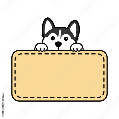 Cute siberian husky dog with frame border template cartoon, vector illustration