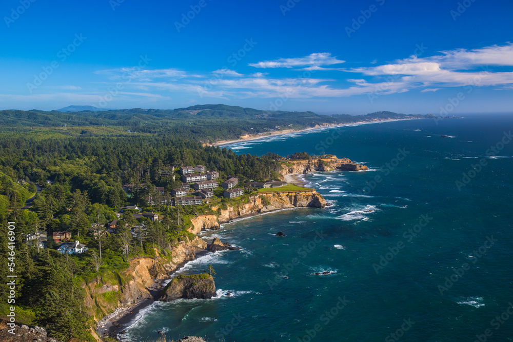 View of Cape Foulweather,  a basalt outcropping 500 feet (150 m) above the Pacific Ocean on the central coastline of the U.S. state of Oregon in Lincoln County south of Depoe Bay.