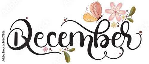 "December" holidays month text creative with butterfly,  flowers and leaves. Decoration text floral. Decoration letters, Illustration December. Christmas	