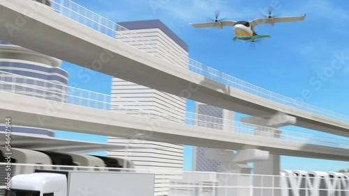 Electric VTOL cargo delivery aircraft, Electric Truck and minivan moving on highway. 3D rendering animation.