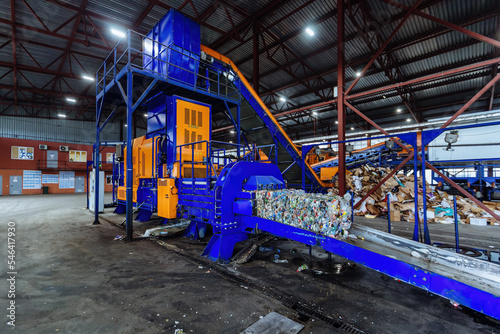 Modern waste processing plant. Sorting, pressing and packing of garbage