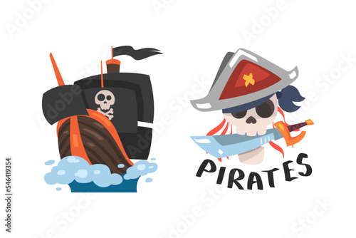 Pirate Skull in Hat with Saber and Ship with Black Flag Vector Set