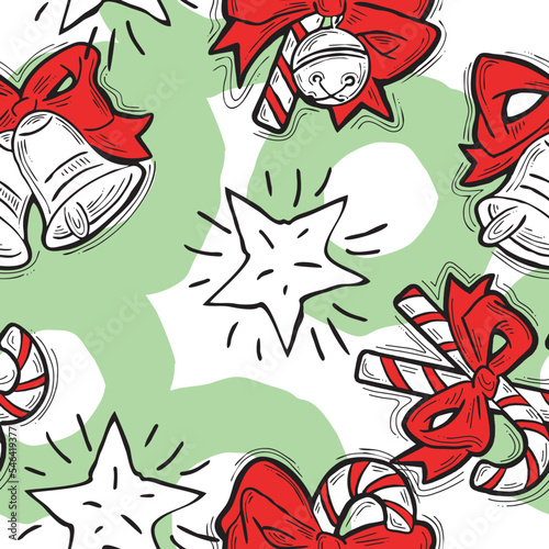 Fototapeta Naklejka Na Ścianę i Meble -  Christmas and New Year seamless vector pattern for wrapping paper, fabric print, textile design, decorative elements. Pine tree with xmas decoration. Hand drawn illustration. Cartoon style drawing.
