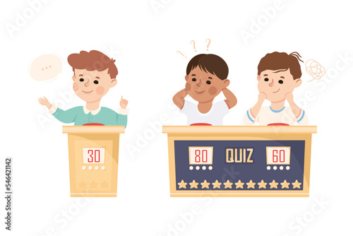 Kids Playing Quiz Game or Mind Sport Standing at Press Button Answering Question Vector Set