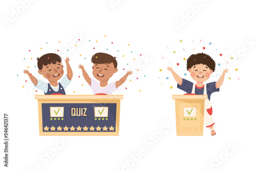 Kids Playing Quiz Game or Mind Sport Standing at Press Button Answering Question Vector Set