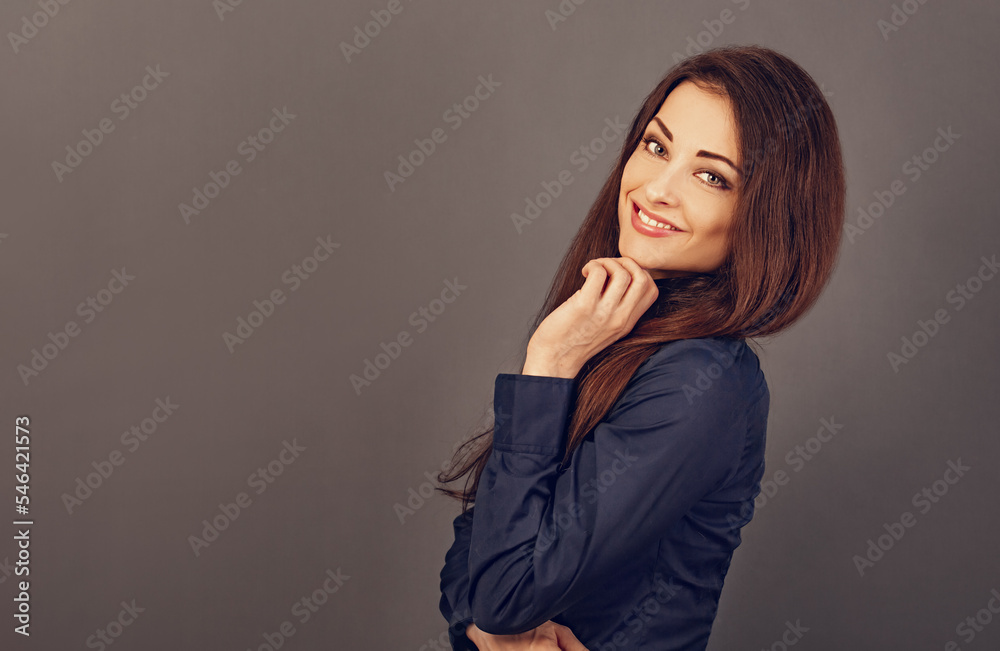 Beautiful confident thinking smiling business woman in blue shirt on grey background with empty copy space for text. Closeup Beautiful confident thinking smiling business woman in blue shirt on grey background with empty copy space for text. Closeup