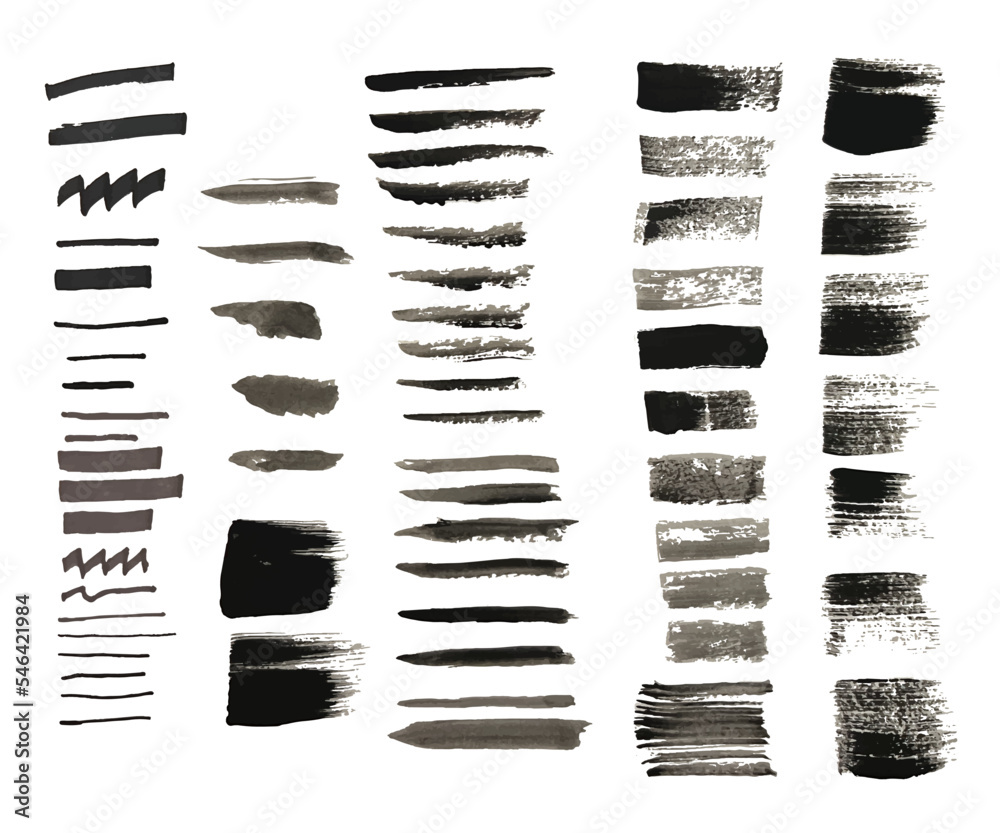 Vector collection of artistic grungy black paint hand made creative brush stroke set isolated on white background.	