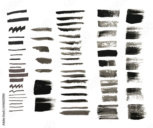 Vector collection of artistic grungy black paint hand made creative brush stroke set isolated on white background.	