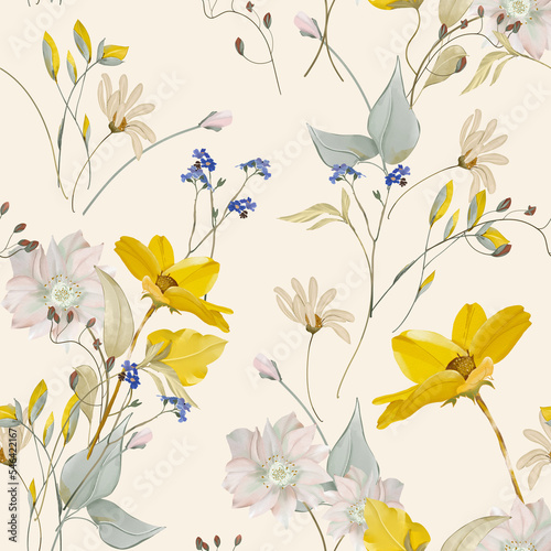 Blooming meadow Watercolor Seamless Pattern. A Pattern for fashion and print. 