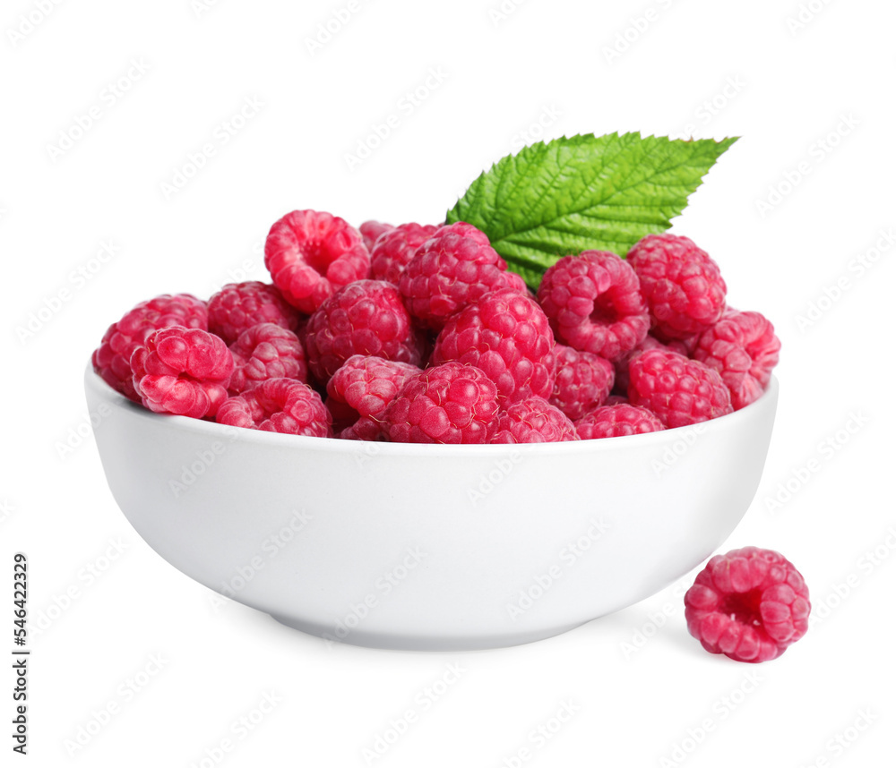 Bowl of fresh ripe raspberries with green leaf isolated on white Bowl of fresh ripe raspberries with green leaf isolated on white