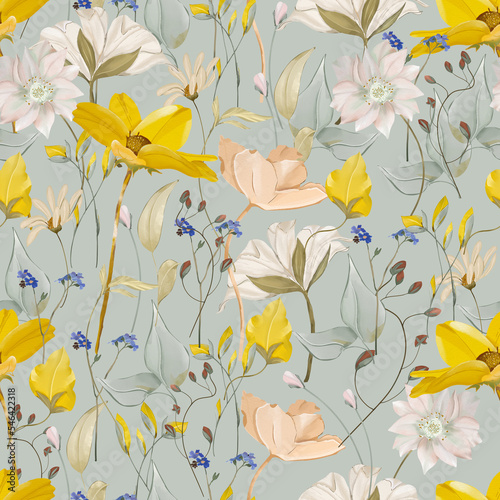 Blooming meadow With mint background Watercolor Seamless Pattern. A Pattern for fashion and print. 