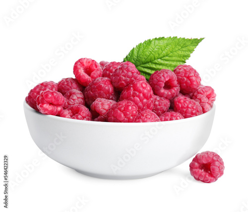 Bowl of fresh ripe raspberries with green leaf isolated on white