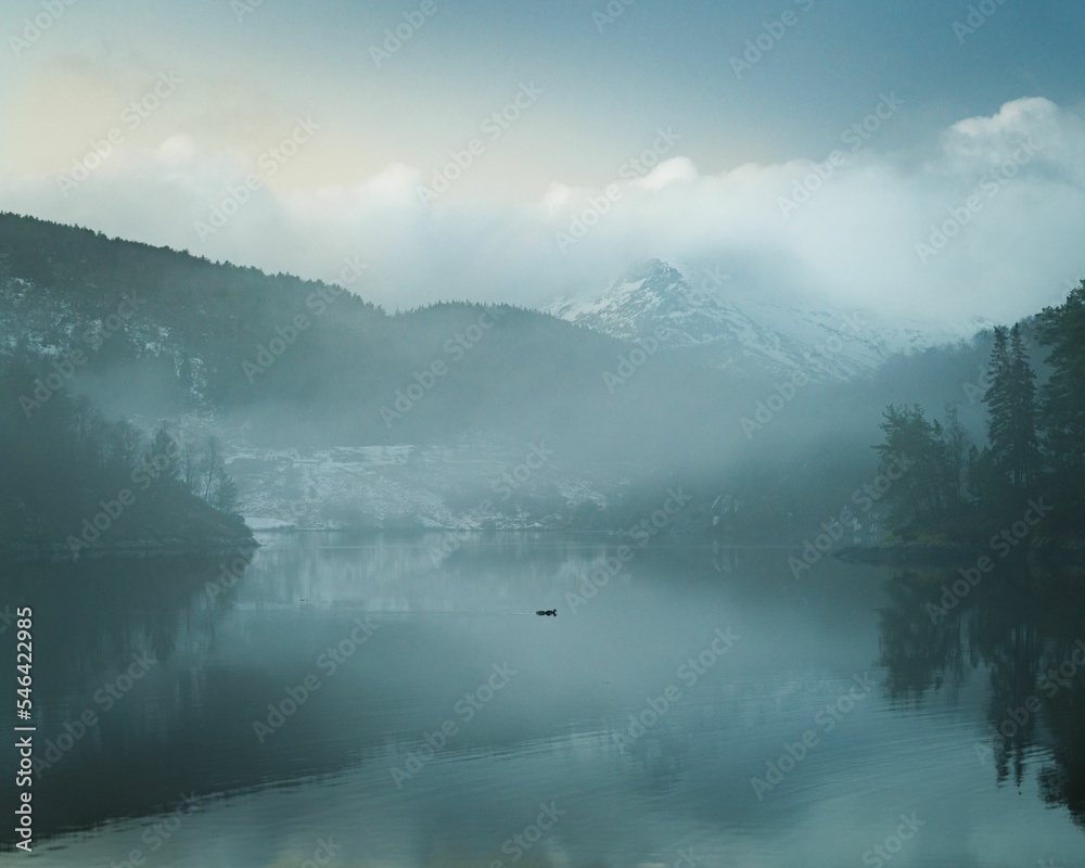 Obraz premium Beautiful view of a lake surrounded by tree-covered snowy mountains with fog