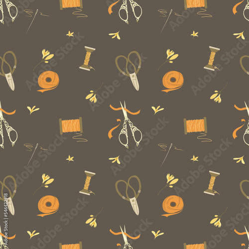 Vector seamless pattern with threads, curly scissors, bows, ribbons and needle. On a gray-brown background. Set of accessories for sewing and handmade with dressmaking accessories. Doodle style