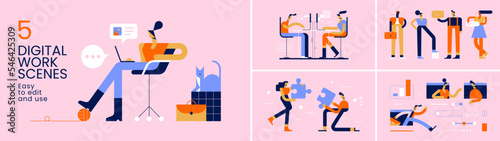 Digital work set. Teamwork concept scenes. Business people set. Corporate illustrations. Flat vector illustration for web. Teleworkers, telecommuters. Trendy minimalist modern design characters.