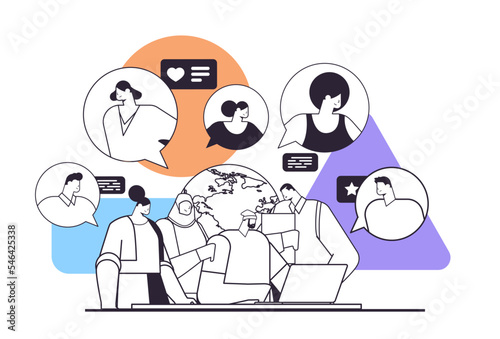 mix race businesspeople discussing during meeting chat bubble communication multicultural society concept