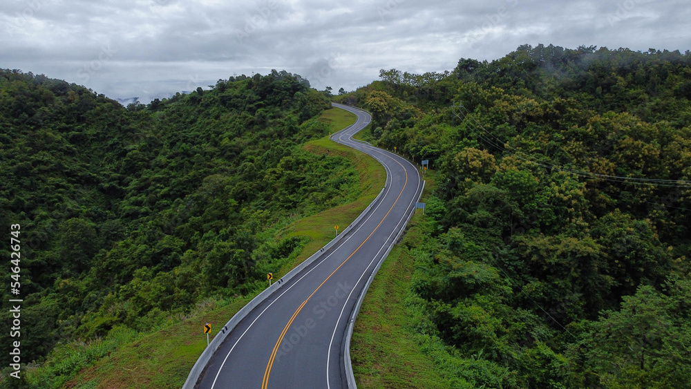 Road no.3 or sky road over top of mountains with green jungle in Nan province, Thailand