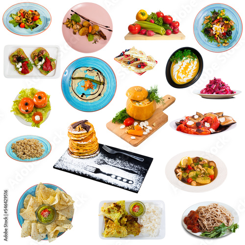 Set of vegetarian dishes isolated on white background