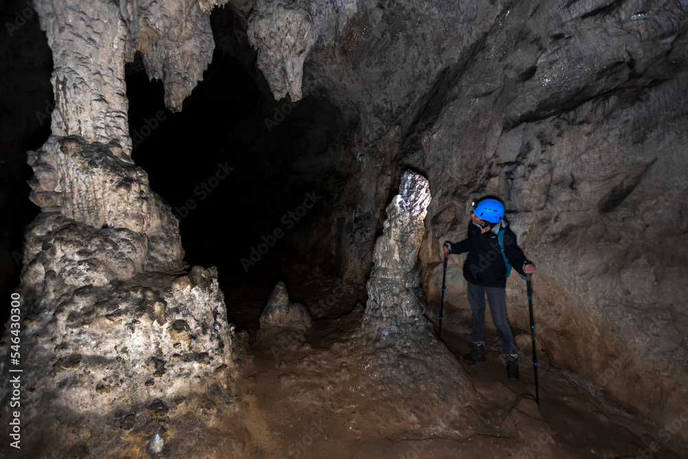Woman Tourist Hiking Underground Discovering Beauty of Speleology