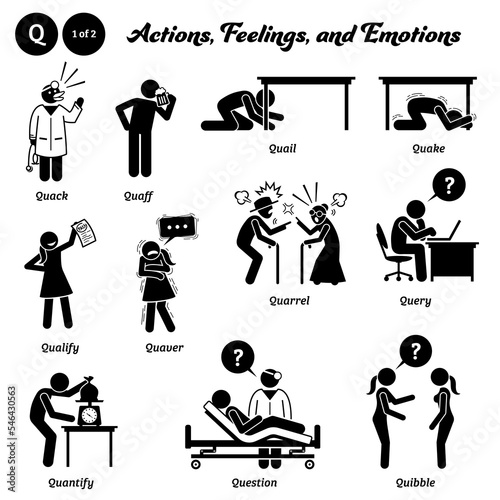 Stick figure human people man action, feelings, and emotions icons alphabet Q. Quack, quaff, quail, quake, qualify, quaver, quarrel, query, quantify, question, and quibble...