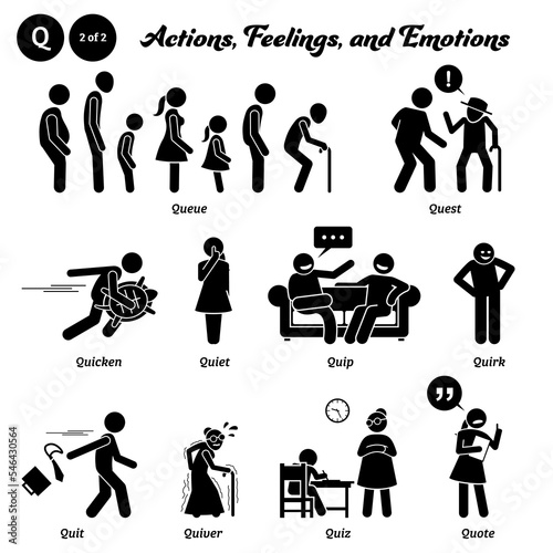 Stick figure human people man action, feelings, and emotions icons alphabet Q. Queue, quest, quicken, quiet, quip, quirk, quit, quiver, quiz, and quote...