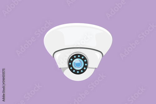 Graphic flat design drawing CCTV located on ceiling of office to monitor and maintain security from crime. Result of technological advances. Monitor traffic movement. Cartoon style vector illustration