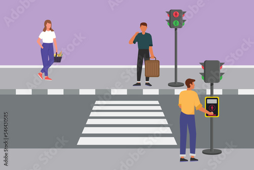 Graphic flat design drawing man pushes a button at a traffic light to cross the road on zebra crossing. Road is busy during office hours. Roadway scene at rush hour. Cartoon style vector illustration