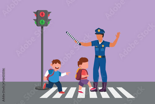 Cartoon flat drawing elementary school students crossing road on zebra crossing are helped by traffic police holding stop signs. Pedestrian or crossing path concept. Graphic design vector illustration