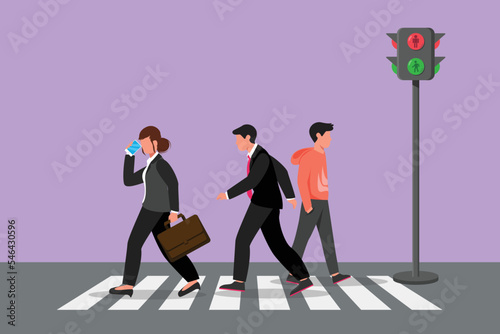Character flat drawing business people or worker crosses the road on zebra crossing after returning from work. There's a traffic light to regulate traffic roadway. Cartoon design vector illustration
