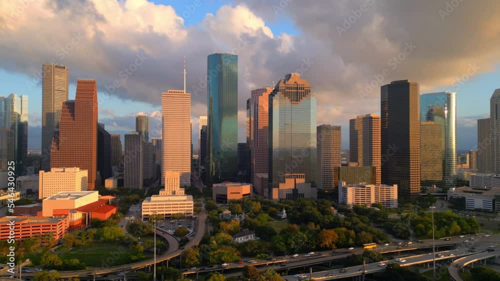 Skyline of Houston Texas at sunset - aerial view Skyline of Houston Texas at sunset - aerial view