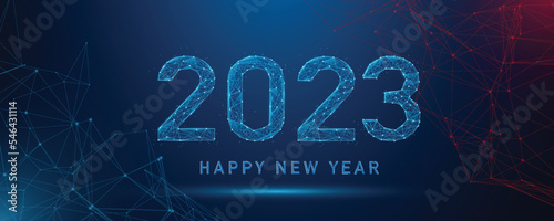 2023 New year with Abstract low poly wireframe style. Abstract geometric background. Wireframe light structure. Modern 3d graphic concept on blue dark background.