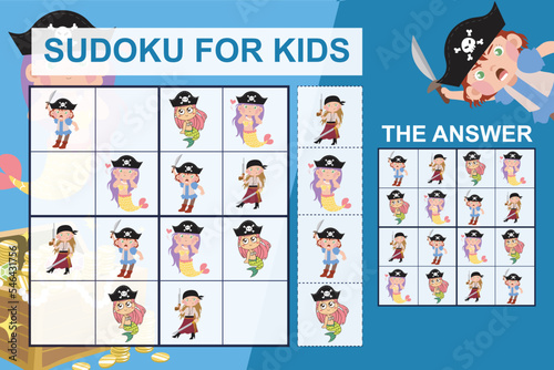 Sudoku sheet for kids. Education worksheet for children. Printable puzzle game for preschool.  Cute and funny cartoon characters. Vector illustration.