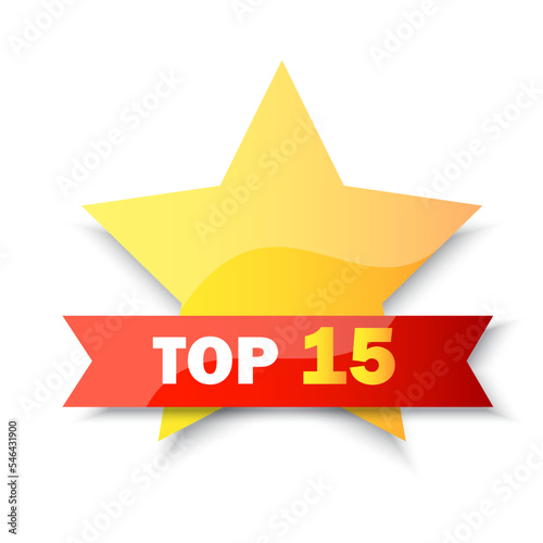 Top 15 rating banner. Golden Star. Gold award. Sale label. Business concept. Vector illustration. stock image.