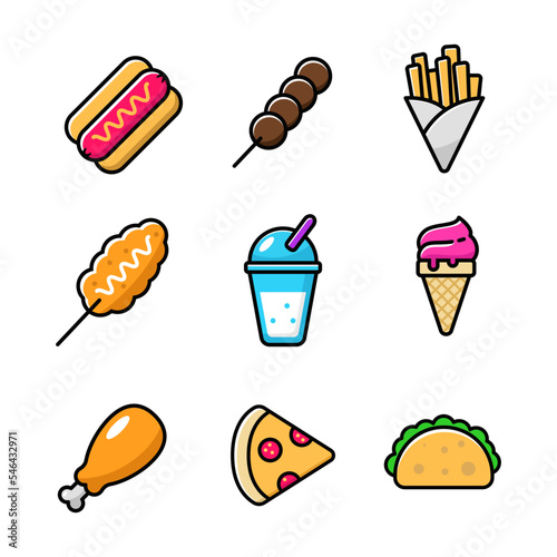 Set of street foods icons with colorful designs isolated on white background. Simple fast foods vector illustrations