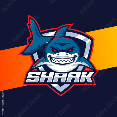 aggressive mad shark mascot character logo design with badge for sport game
