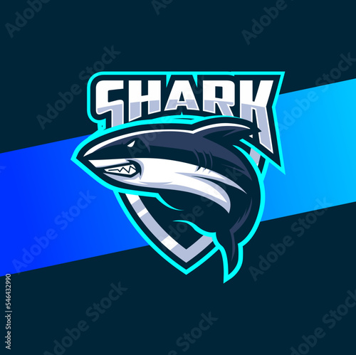 aggressive mad shark mascot character logo design with badge for sport game