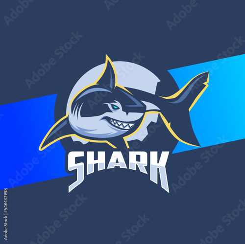 aggressive mad shark mascot character logo design with badge for sport game