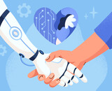Human and robot concept. Droid and character holding each other hand. Expression of love and tenderness. Metaphor of collaboration with artificial intelligence. Cartoon flat vector illustration