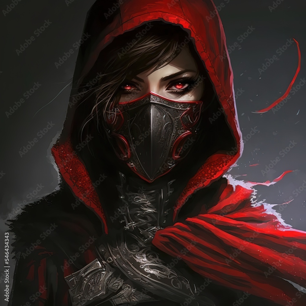 female mage assassin wearing a black mask and a red hood Stock ...