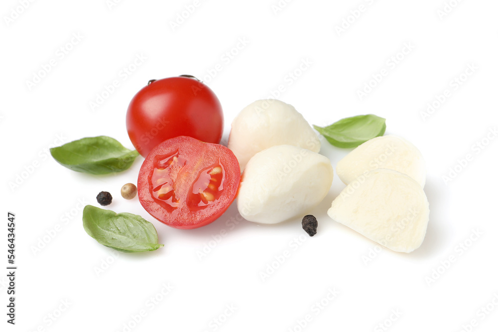 Delicious mozzarella with tomatoes and basil leaves on white background Delicious mozzarella with tomatoes and basil leaves on white background