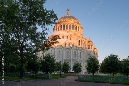 The Naval cathedral of Saint Nicholas in Kronstadt (Morskoy Nikolskiy Sobor) and the Anchor (Yakornaya) Square on a sunny summer morning, Kronstadt, St. Petersburg, Russia photo