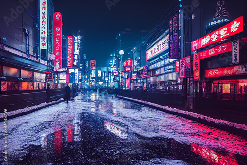 Snowy tokyo street at night with neon signs and blue neon lights at winter  snow background. photo