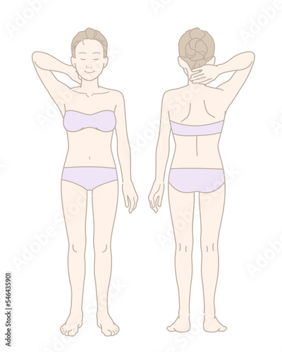 女性が片腕を上げているポーズの全身図（下着・髪の毛あり・前面背面セット）