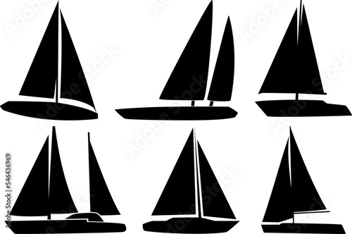 A set of six silhouettes of sailing yachts.