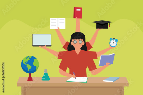 Multitasking vector concept. Female teacher doing multitask with many hands while sitting in the classroom