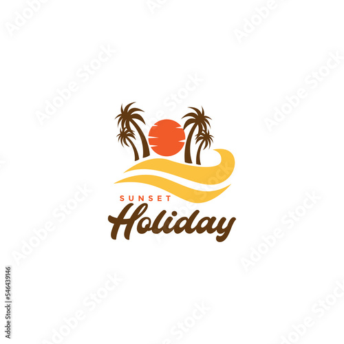 beach with coconut trees sunset vintage logo design