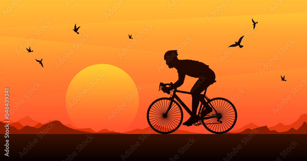 Cycle Ride Saight Vector Vector cyclist silhouette ride on sunset sky background. Cycle rider ...