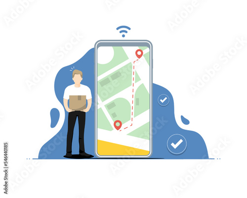 Check products online concept, Human holding box with smartphone navigation map, Digital marketing illustration.